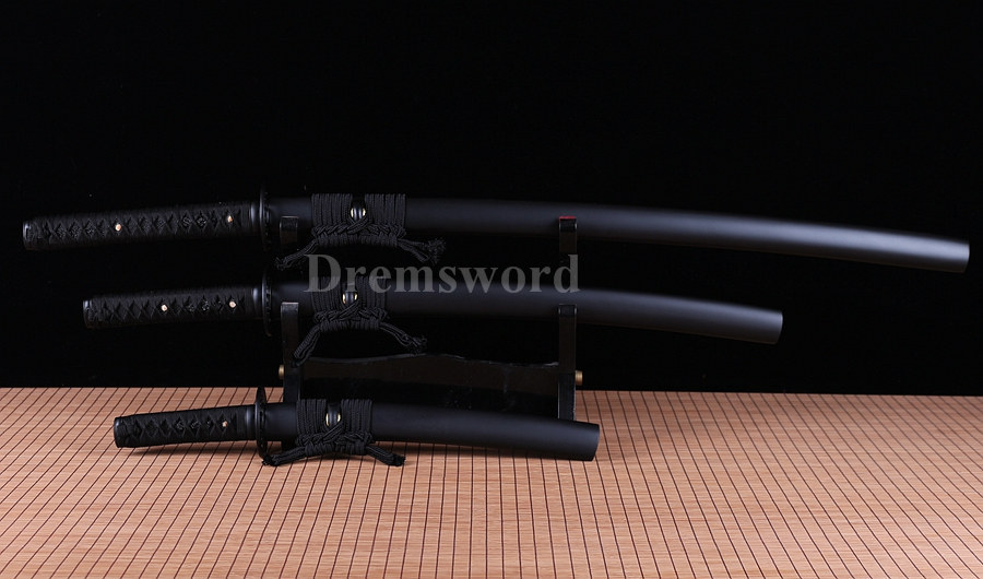 Japanese sharp Samurai Sword set katana+wakizashi+tanto Black Folded Steel full tang.