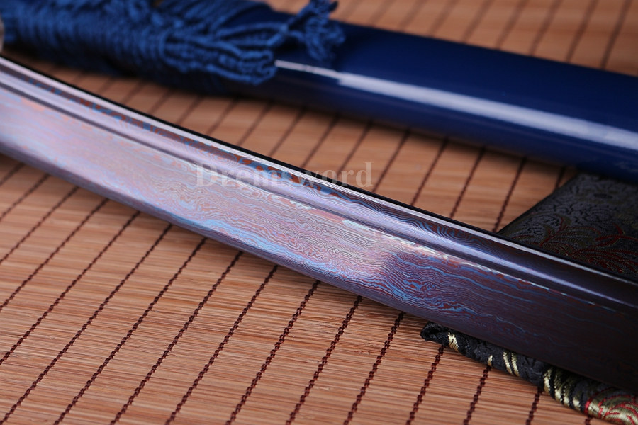 Blue damascus Folded Steel katana Japanese Samurai Sword Full Tang Sharp Blade.