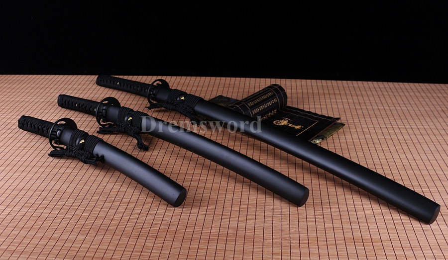 Japanese sharp Samurai Sword set katana+wakizashi+tanto Black Folded Steel full tang.