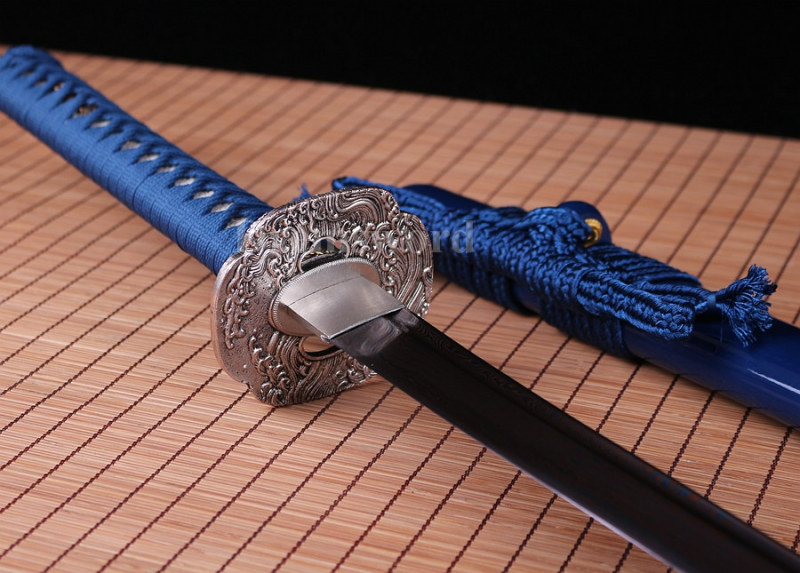 Blue damascus Folded Steel katana Japanese Samurai Sword Full Tang Sharp Blade.