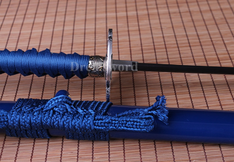 Blue damascus Folded Steel katana Japanese Samurai Sword Full Tang Sharp Blade.