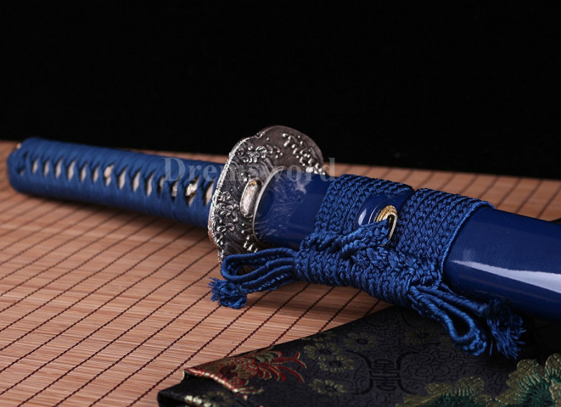 Blue damascus Folded Steel katana Japanese Samurai Sword Full Tang Sharp Blade.