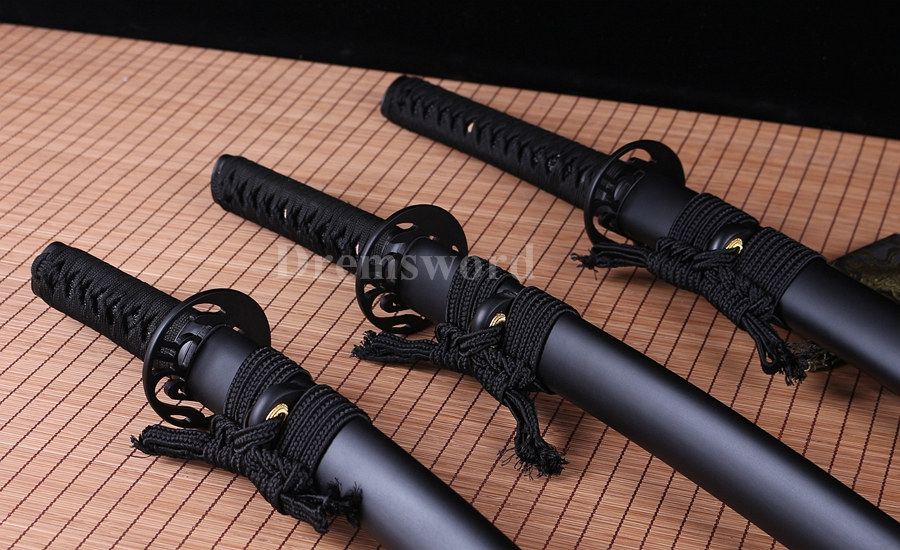 Japanese sharp Samurai Sword set katana+wakizashi+tanto Black Folded Steel full tang.