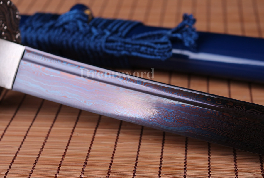 Blue damascus Folded Steel katana Japanese Samurai Sword Full Tang Sharp Blade.
