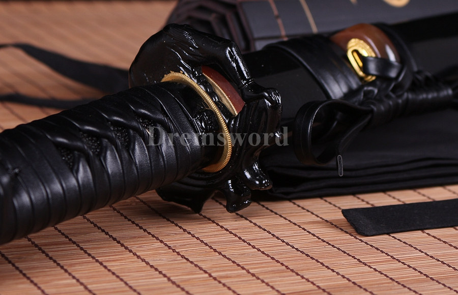hand forge Black Folded Steel katana Japanese Samurai Sword Full Tang Sharp demon tsuba .