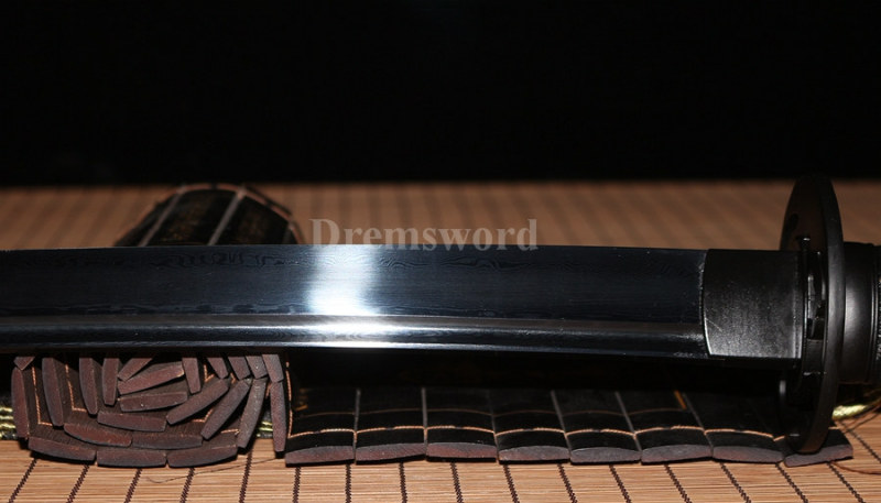 Black Folded Steel katana handmade Japanese Samurai Sword Full Tang Sharp Blade.