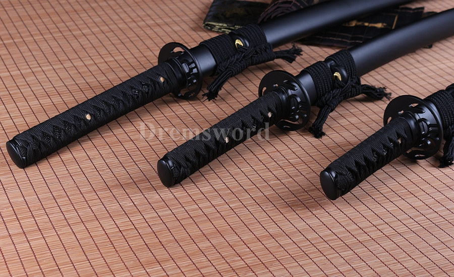 Japanese sharp Samurai Sword set katana+wakizashi+tanto Black Folded Steel full tang.