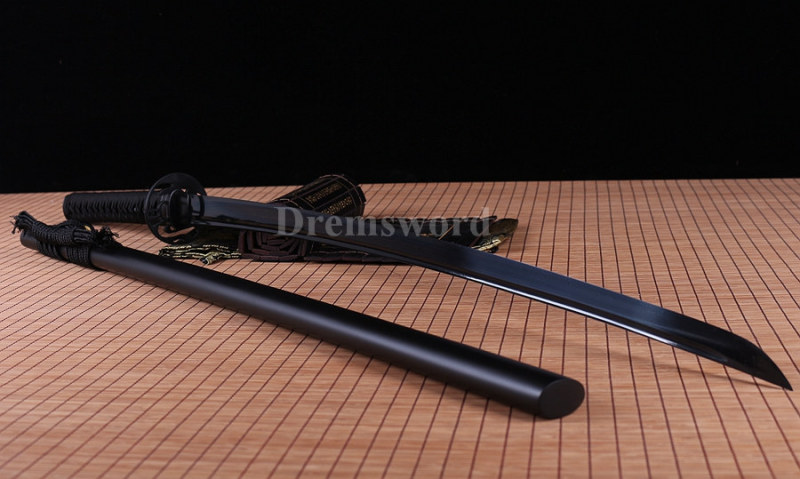 Black Folded Steel katana handmade Japanese Samurai Sword Full Tang Sharp Blade.