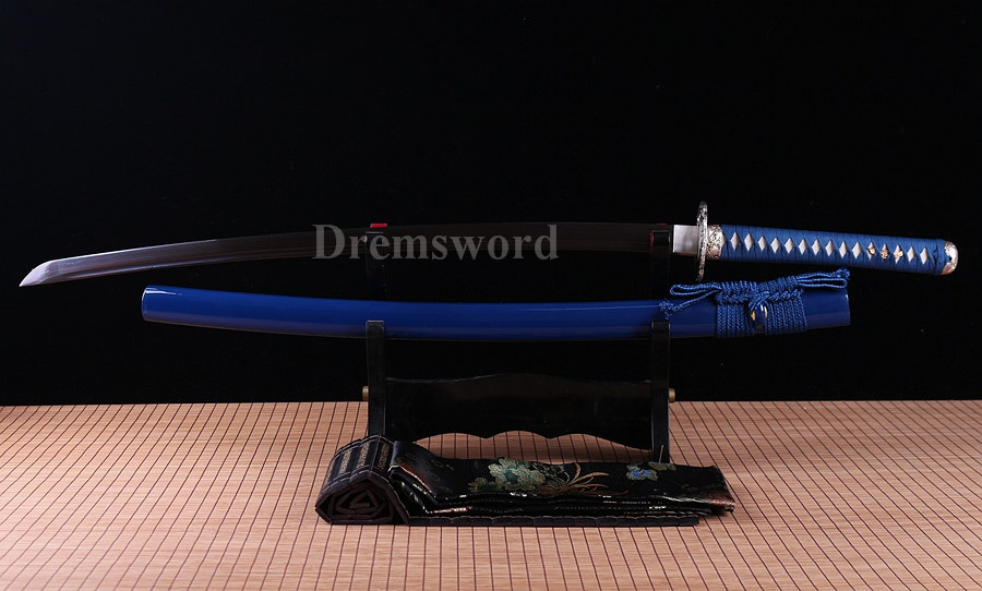 Blue damascus Folded Steel katana Japanese Samurai Sword Full Tang Sharp Blade.