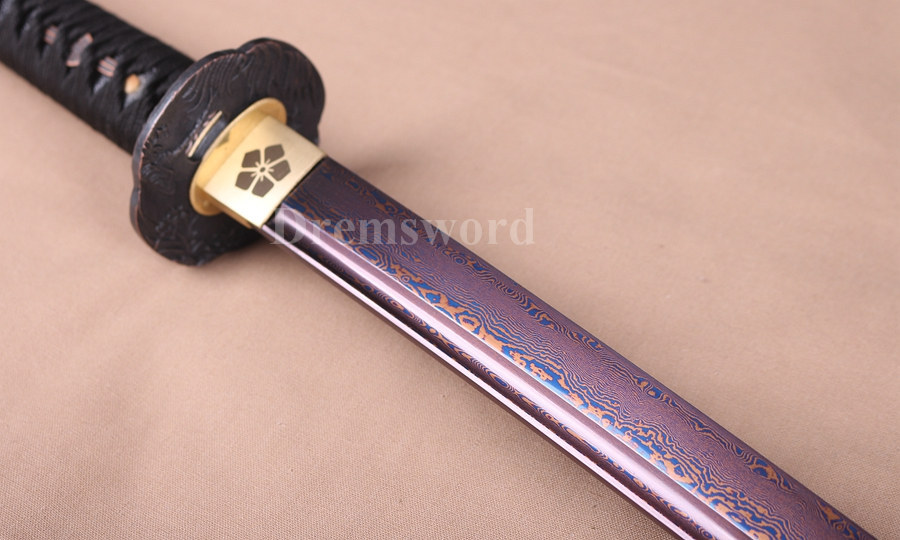 Blue damascus Folded Steel sharp katana Japanese Samurai Sword Full Tang battle ready.