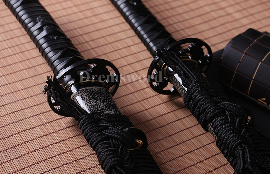 Japanese sharp Samurai Sword katana+wakizash black&red Folded Steel no hi full tang.