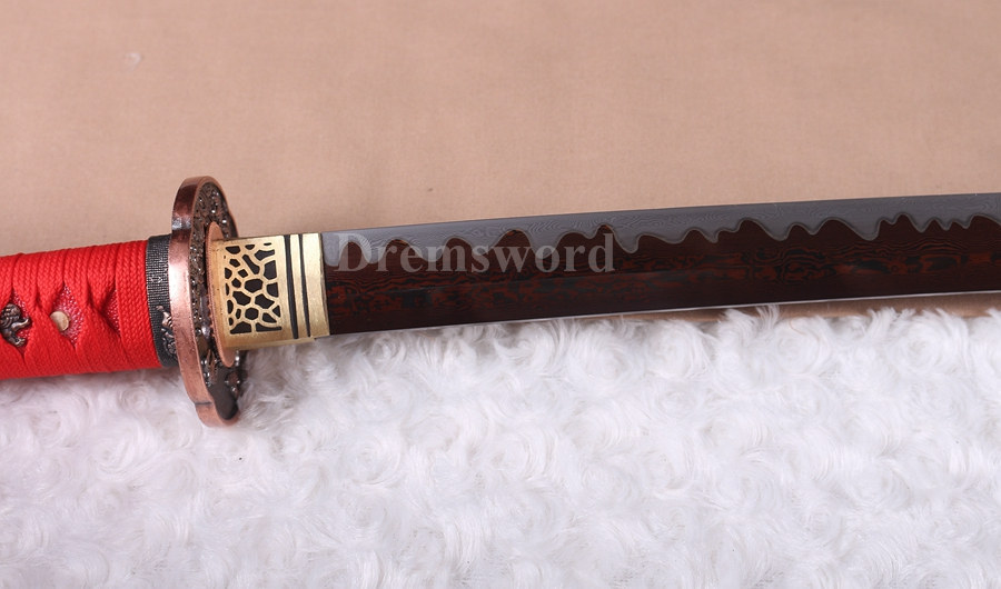 Hand forge damascus folded steel sharp katana japanese samurai sword hand-abrasived hamon.