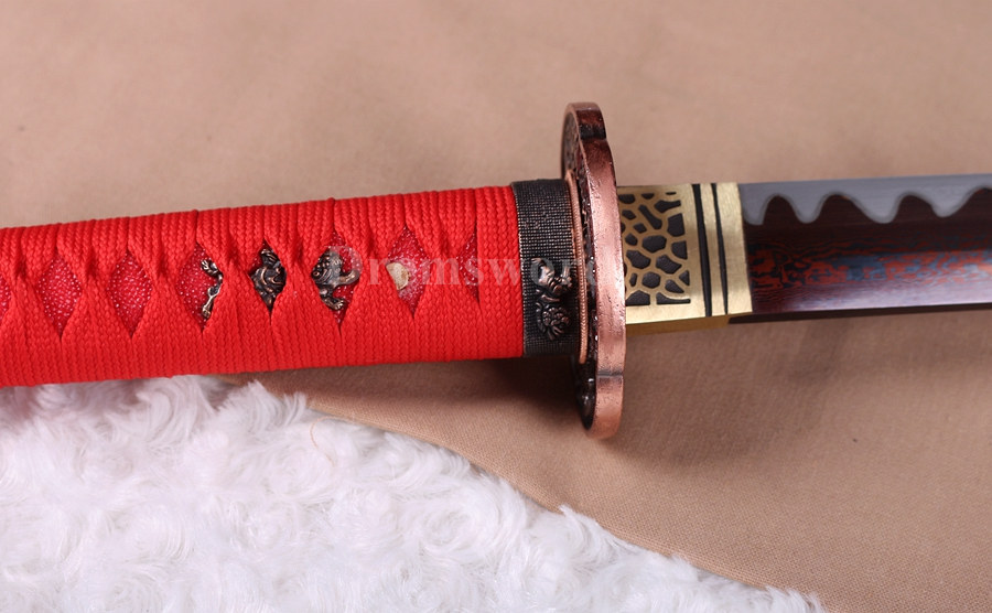 Hand forge damascus folded steel sharp katana japanese samurai sword hand-abrasived hamon.