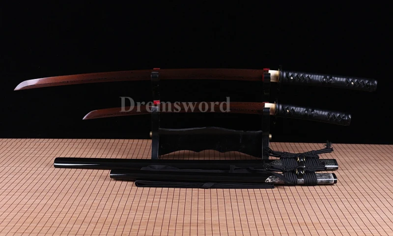 Japanese sharp Samurai Sword katana+wakizash black&red Folded Steel no hi full tang.