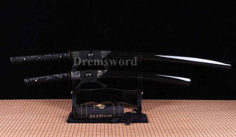 Japanese sharp Samurai Sword katana+wakizash black&red Folded Steel no hi full tang.