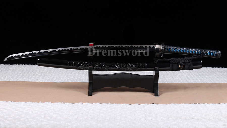 Black damascus folded steel sharp katana japanese samurai sword hand-arrasive hamon full tang.