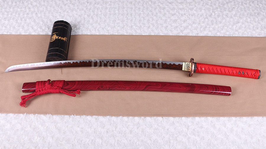 Hand forge damascus folded steel sharp katana japanese samurai sword hand-abrasived hamon.