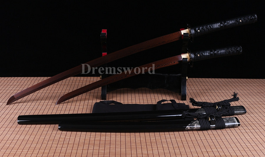 Japanese sharp Samurai Sword katana+wakizash black&red Folded Steel no hi full tang.