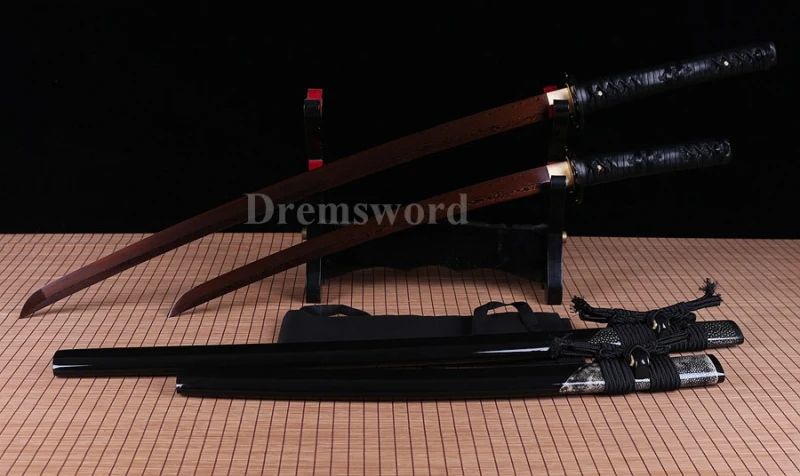 Japanese sharp Samurai Sword katana+wakizash black&red Folded Steel no hi full tang.
