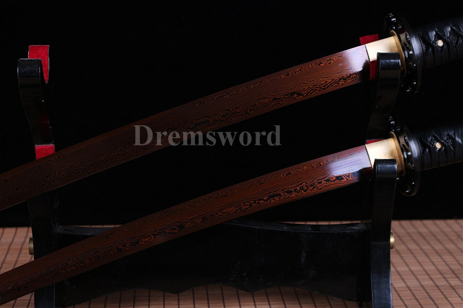 Japanese sharp Samurai Sword katana+wakizash black&red Folded Steel no hi full tang.