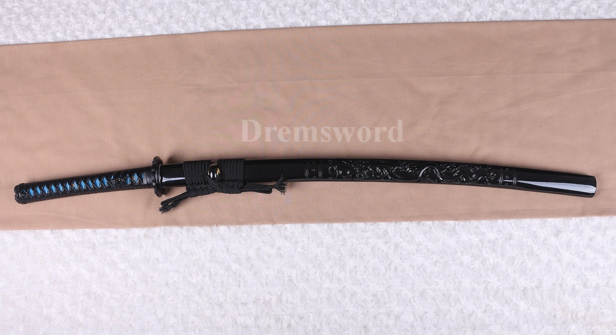 Black damascus folded steel sharp katana japanese samurai sword hand-arrasive hamon full tang.