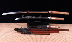 Hand forge Japanese Samurai Red Sword Set Katana+Wakizashi+Tanto Daisho clay tempered T10 steel Razor Sharp Shinogi-Zukuri