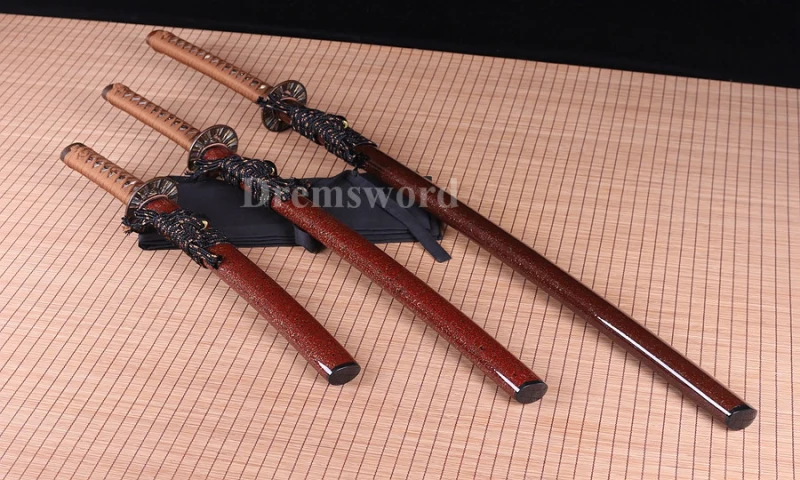 Hand forge Japanese Samurai Sword Set Katana+Wakizashi+Tanto clay tempered T10 steel Razor Sharp.