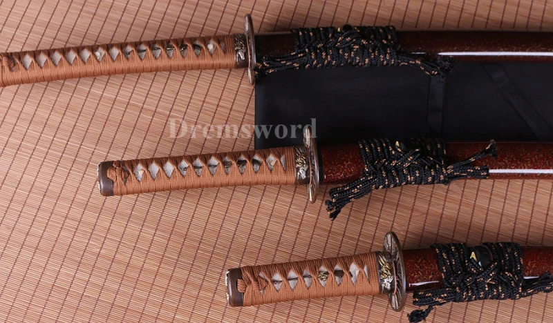 Hand forge Japanese Samurai Sword Set Katana+Wakizashi+Tanto clay tempered T10 steel Razor Sharp.