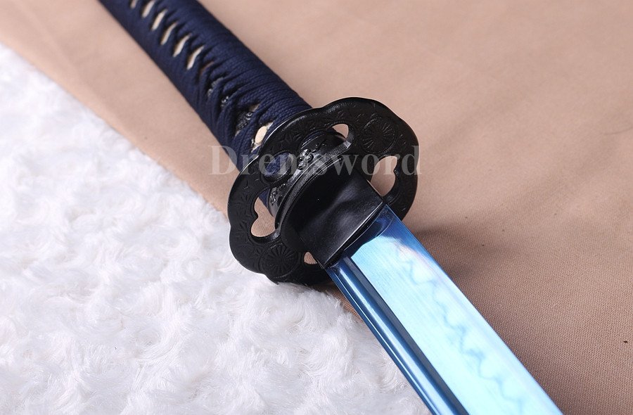 Clay tempered T10 steel blue blade katana japanese samurai sword full tang battle ready sharp.