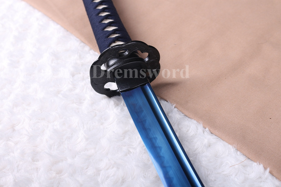 Clay tempered T10 steel blue blade katana japanese samurai sword full tang battle ready sharp.