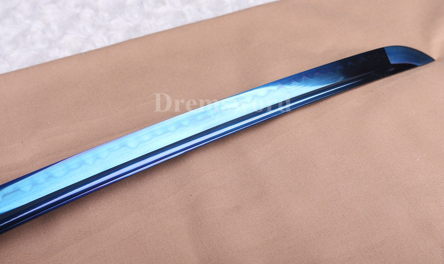 Clay tempered T10 steel blue blade katana japanese samurai sword full tang battle ready sharp.