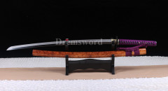 Clay tempered T10 steel real hamon japanese samurai katana sword full tang sharp hand abrasive Shinogi-Zukuri brown & purple