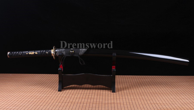 Black Clay tempered T10 steel katana japanese samurai sword Genuine Ray skin+ox horn saya.