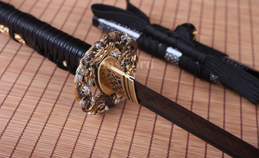 Black Clay tempered T10 steel katana japanese samurai sword Genuine Ray skin+ox horn saya.