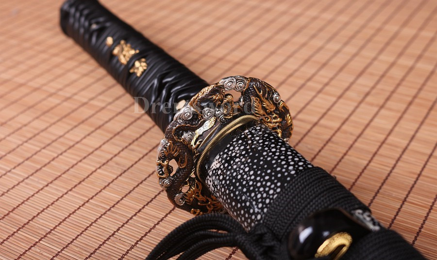 Black Clay tempered T10 steel katana japanese samurai sword Genuine Ray skin+ox horn saya.