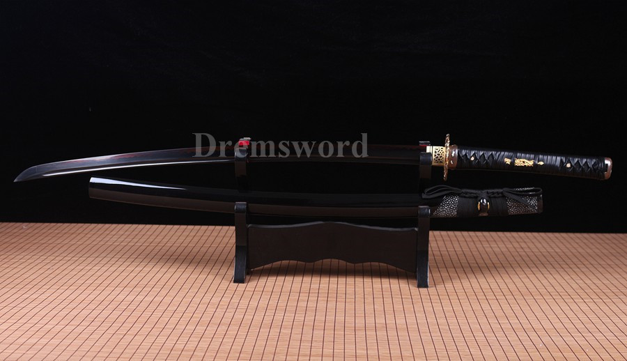 Black Clay tempered T10 steel katana japanese samurai sword Genuine Ray skin+ox horn saya.