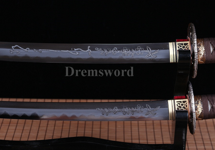 Clay tempered Folded Steel Hazuya Polish Japanese Samurai Sword Set Katana+Wakizashi+Tanto blossom engraved Razor Sharp.
