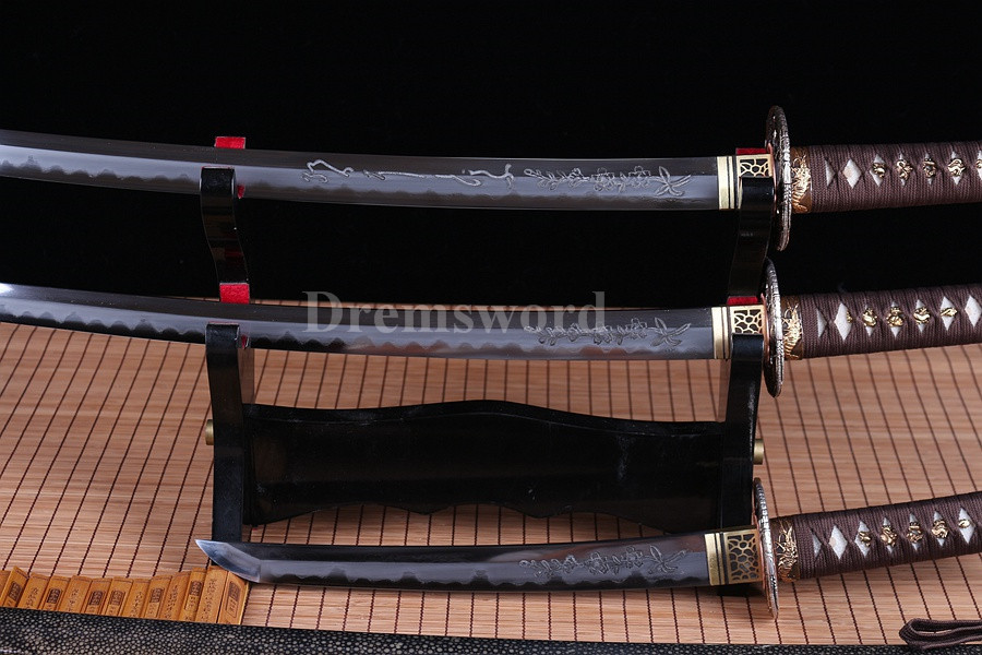 Clay tempered Folded Steel Hazuya Polish Japanese Samurai Sword Set Katana+Wakizashi+Tanto blossom engraved Razor Sharp.