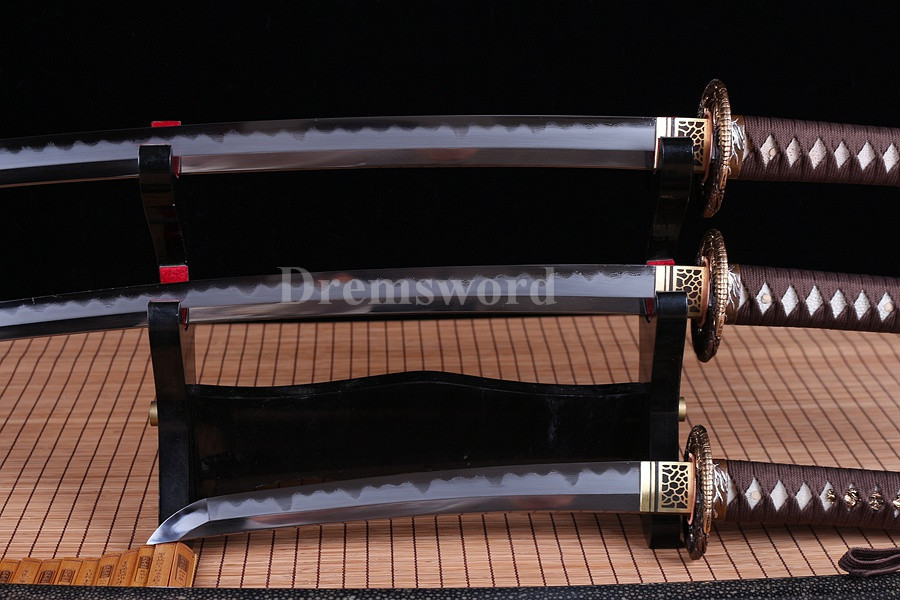 Clay tempered Folded Steel Hazuya Polish Japanese Samurai Sword Set Katana+Wakizashi+Tanto blossom engraved Razor Sharp.