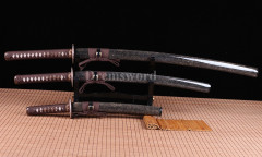 Clay tempered Folded Steel Hazuya Polish Japanese Samurai Sword Daisho Set Katana+Wakizashi+Tanto blossom engraved Razor Sharp Shinogi-Zukuri Black & Brown