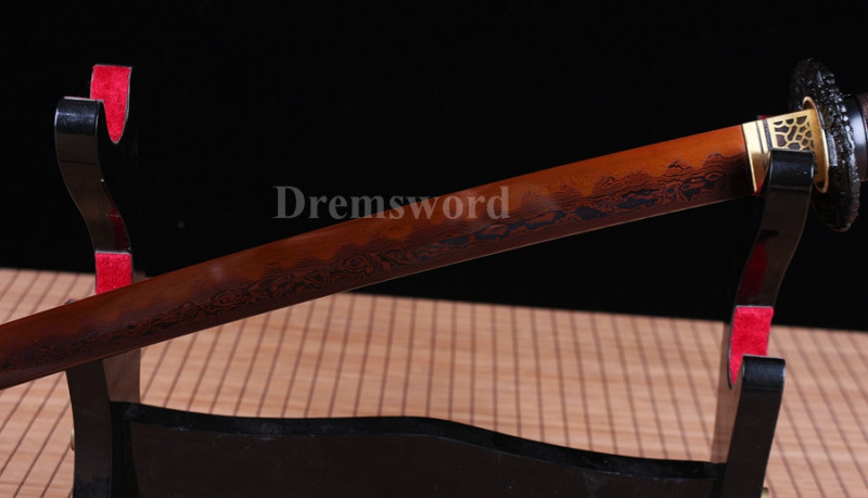Clay Tempered Japanese Samurai Katana Sword Damascus Red Folded Steel full tang.