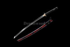 hand forged clay tempered folded steel Katana Japanese Samurai black & red Sword iron tsuba set full tang battle ready sharp Shinogi-Zukuri