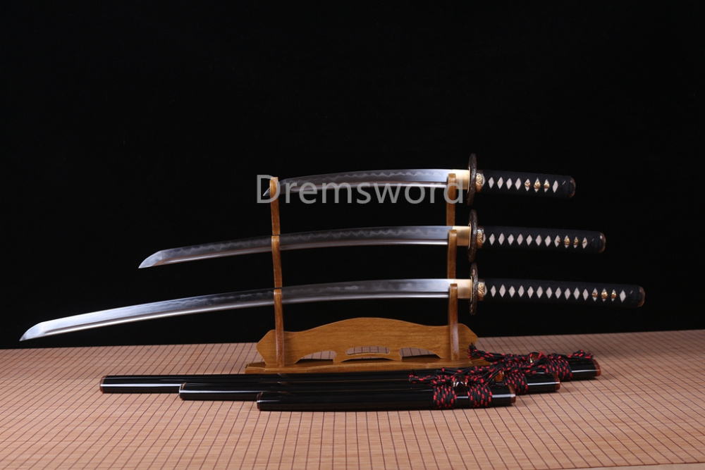 Folded Steel Clay Tempered Katana Wakizashi Tanto Set Japanese Samurai Sword Real