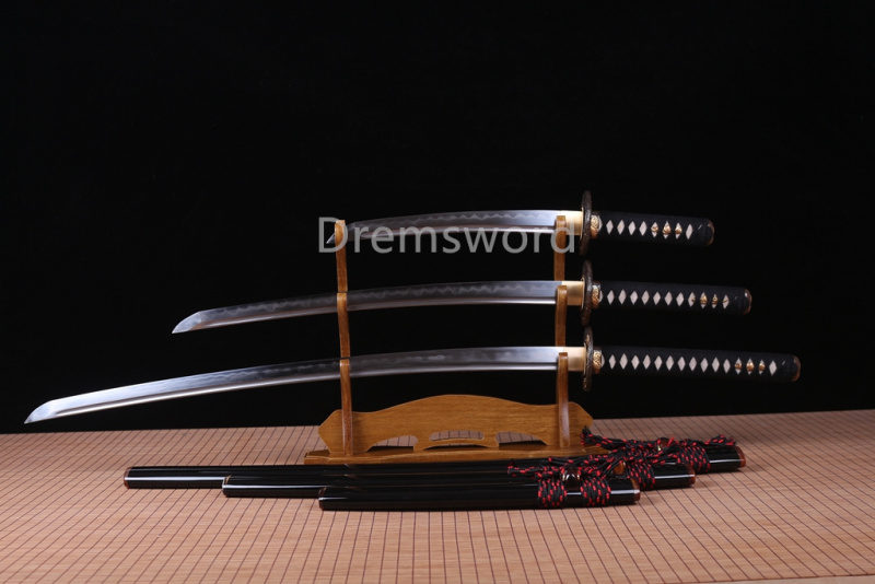 Folded Steel Clay Tempered Katana Wakizashi Tanto Set Japanese Samurai Sword Real