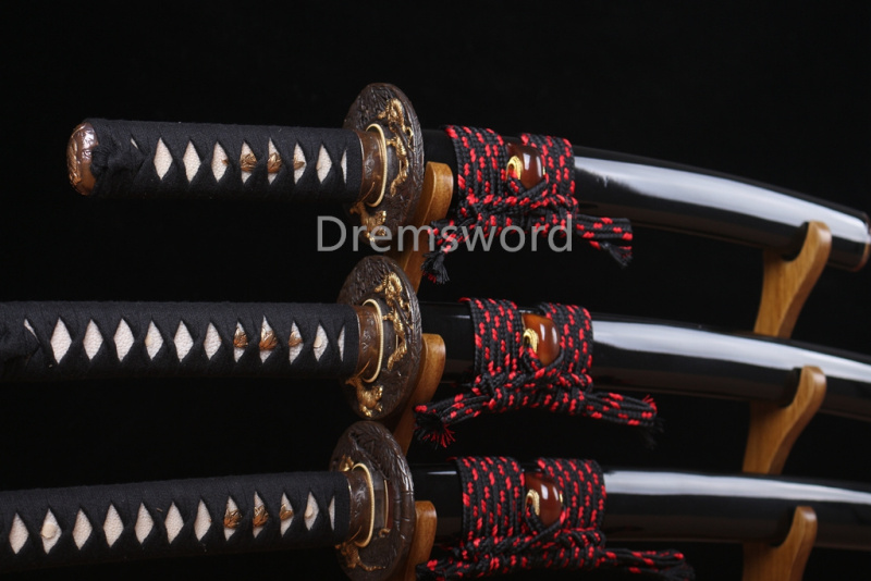 Folded Steel Clay Tempered Katana Wakizashi Tanto Set Japanese Samurai Sword Real