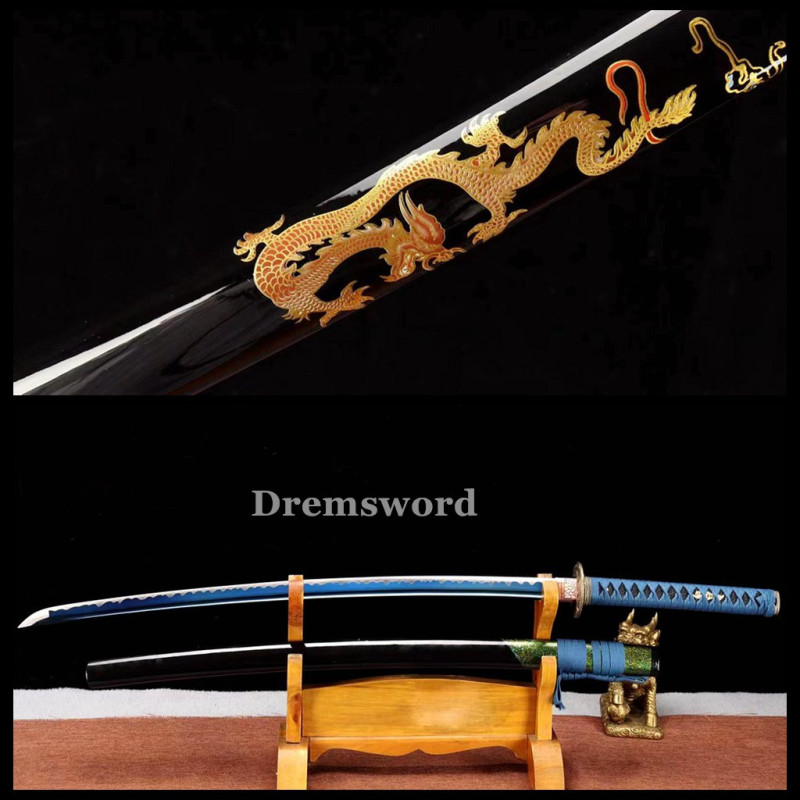 high quality Blue Blade Katana Japanese Samurai Sword 1095 High Carbon Steel full tang battle ready sharp alloy tsub Drem2115.
