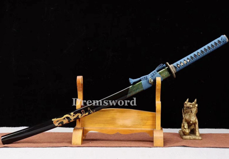 high quality Blue Blade Katana Japanese Samurai Sword 1095 High Carbon Steel full tang battle ready sharp alloy tsub Drem2115.