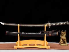 Folded Steel Clay Tempered Wakizashi Japanese Samurai Sword black Shinogi Zukuri sharp abrasive full tang.