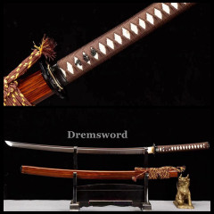 High Quality Clay tempered T10 Steel Japanese Samurai Katana Sword brown with red sword full tang battle ready Shinogi Zukuri sharp.