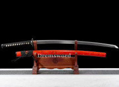 Handmade Folded Steel Clay Tempered Japanese Samurai Katana Sword Real Hamon black with red Full Tang Shinogi Zukuri.